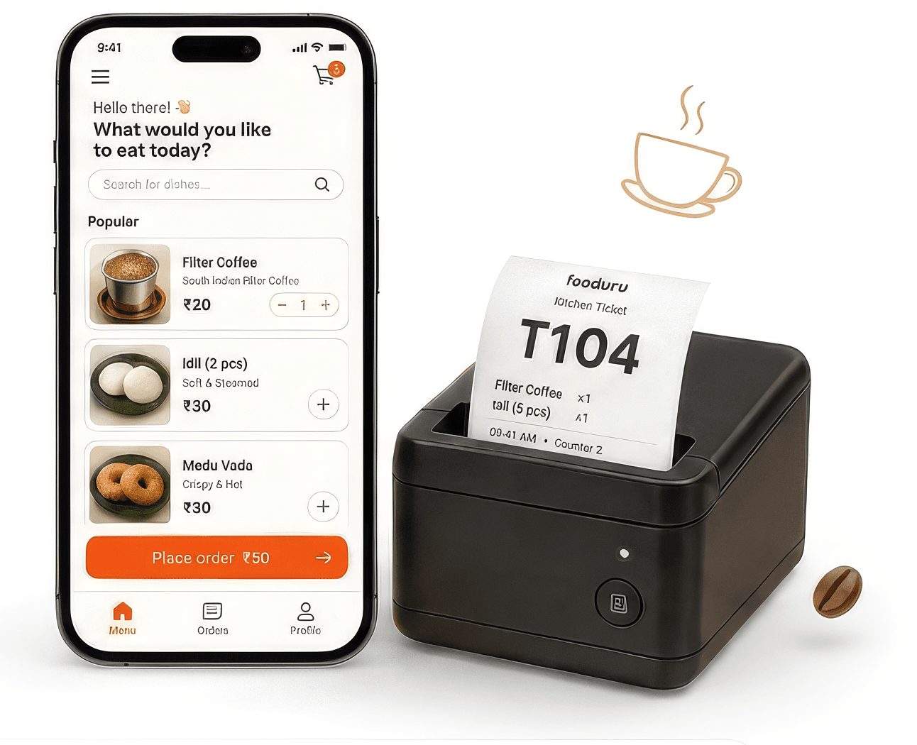 Phone showing the Fooduru order and pickup-token screen, next to a thermal receipt printer